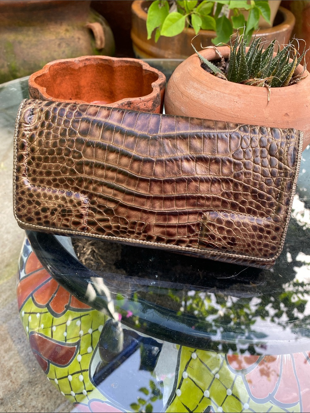 Croc-Embossed Leather Wallet in Dark Brown